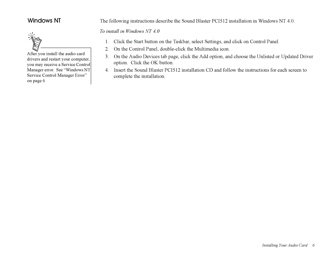 Creative Sound Blaster, PCI512 manual To install in Windows NT 