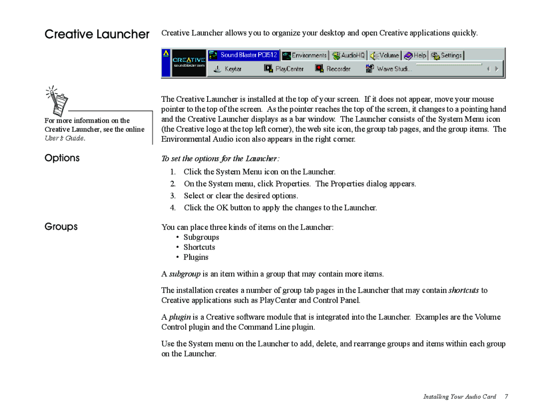 Creative PCI512, Sound Blaster manual Creative Launcher, Options Groups, To set the options for the Launcher 