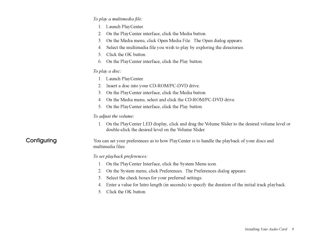 Creative PCI512 manual To play a multimedia file, Launch PlayCenter, On the PlayCenter interface, click the Media button 