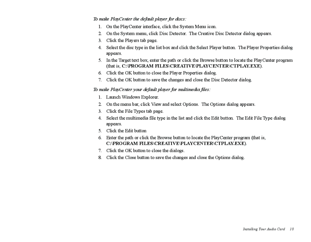 Creative Sound Blaster, PCI512 manual To make PlayCenter the default player for discs 