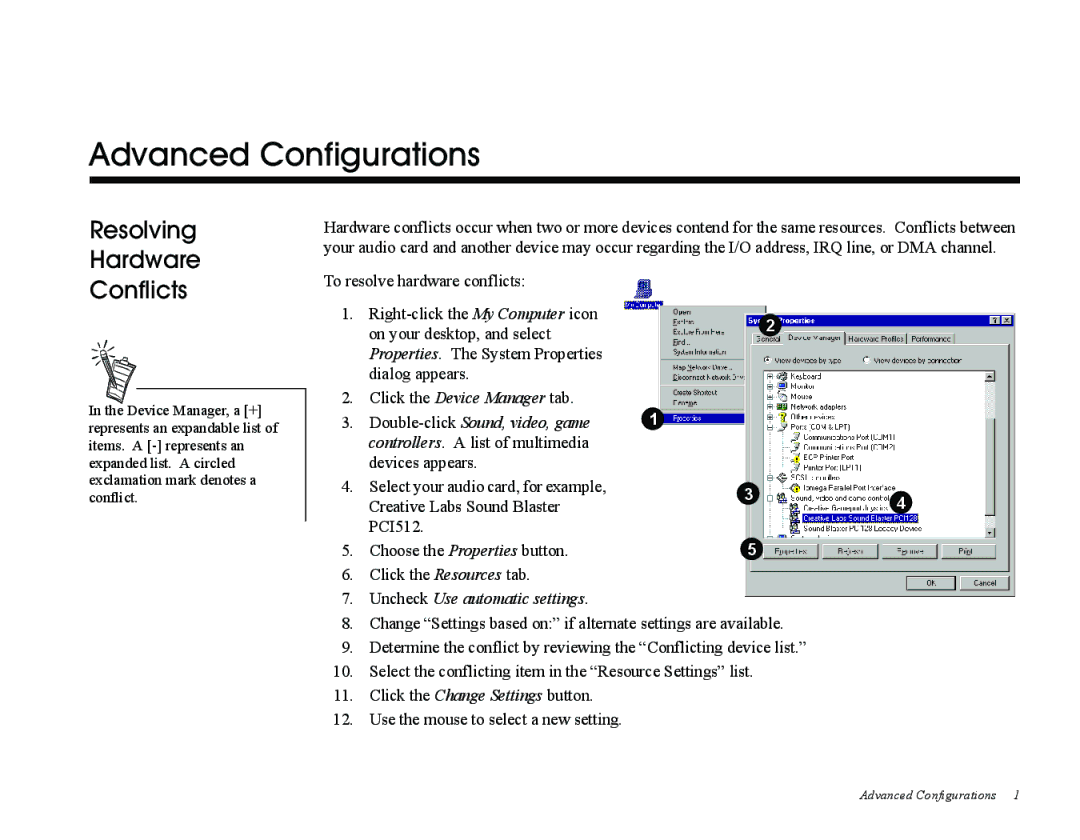 Creative PCI512, Sound Blaster manual Advanced Configurations, Resolving Hardware Conflicts, Uncheck Use automatic settings 