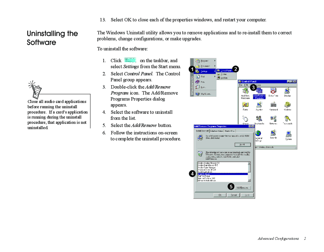 Creative Sound Blaster, PCI512 manual Uninstalling the Software 