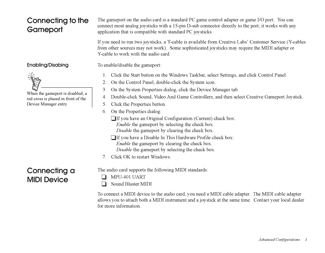 Creative PCI512, Sound Blaster manual Connecting to the Gameport, Connecting a Midi Device 