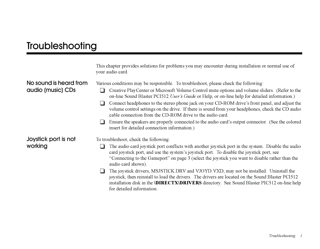 Creative Sound Blaster, PCI512 manual Troubleshooting 