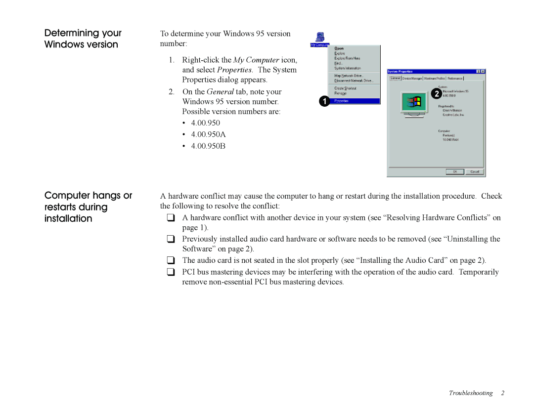 Creative PCI512, Sound Blaster manual Determining your Windows version, Computer hangs or restarts during installation 