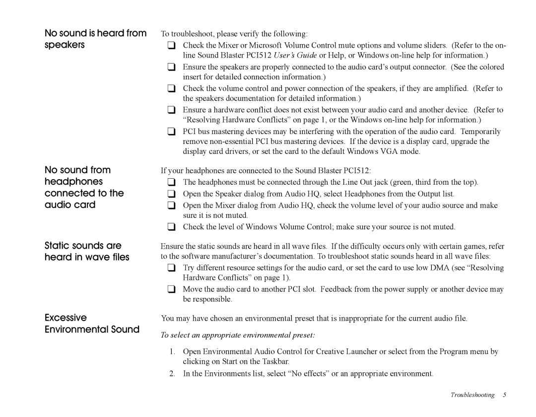 Creative Sound Blaster, PCI512 manual To select an appropriate environmental preset 