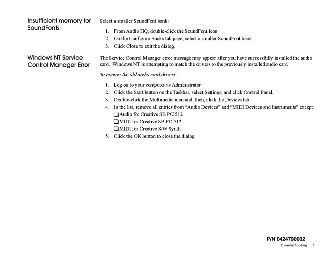 Creative PCI512, Sound Blaster manual To remove the old audio card drivers 