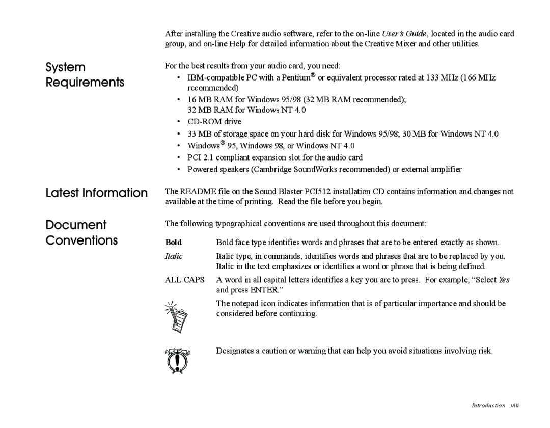 Creative Sound Blaster, PCI512 manual System Requirements Latest Information Document Conventions, Italic 