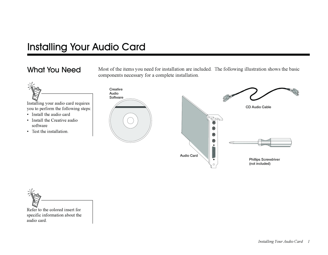 Creative PCI512 Installing Your Audio Card, What You Need, Install the audio card Install the Creative audio software 