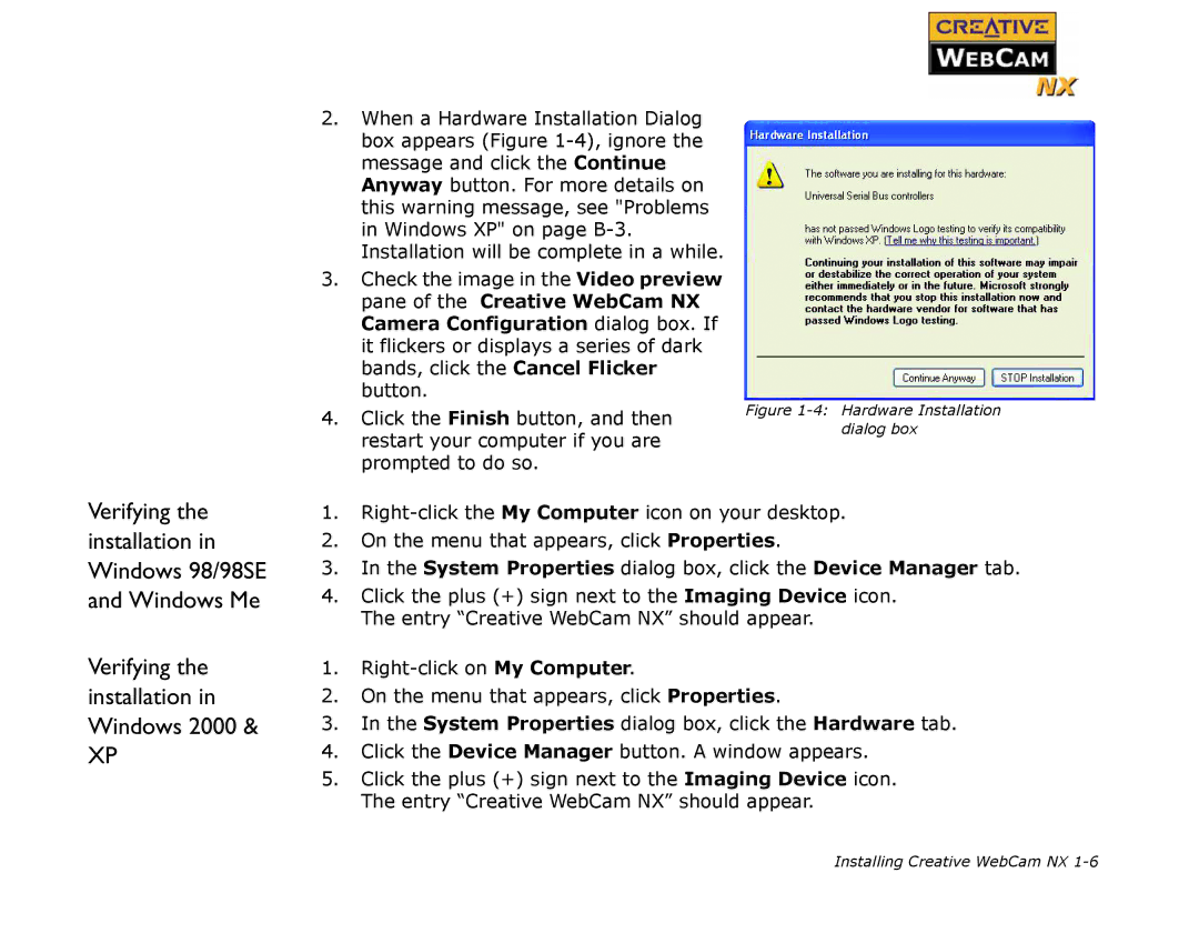 Creative WebCam NX manual Verifying the installation in Windows 