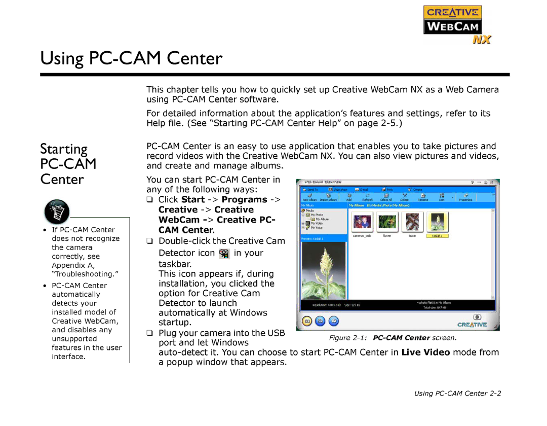 Creative WebCam NX manual Using PC-CAM Center, Pc-Cam 