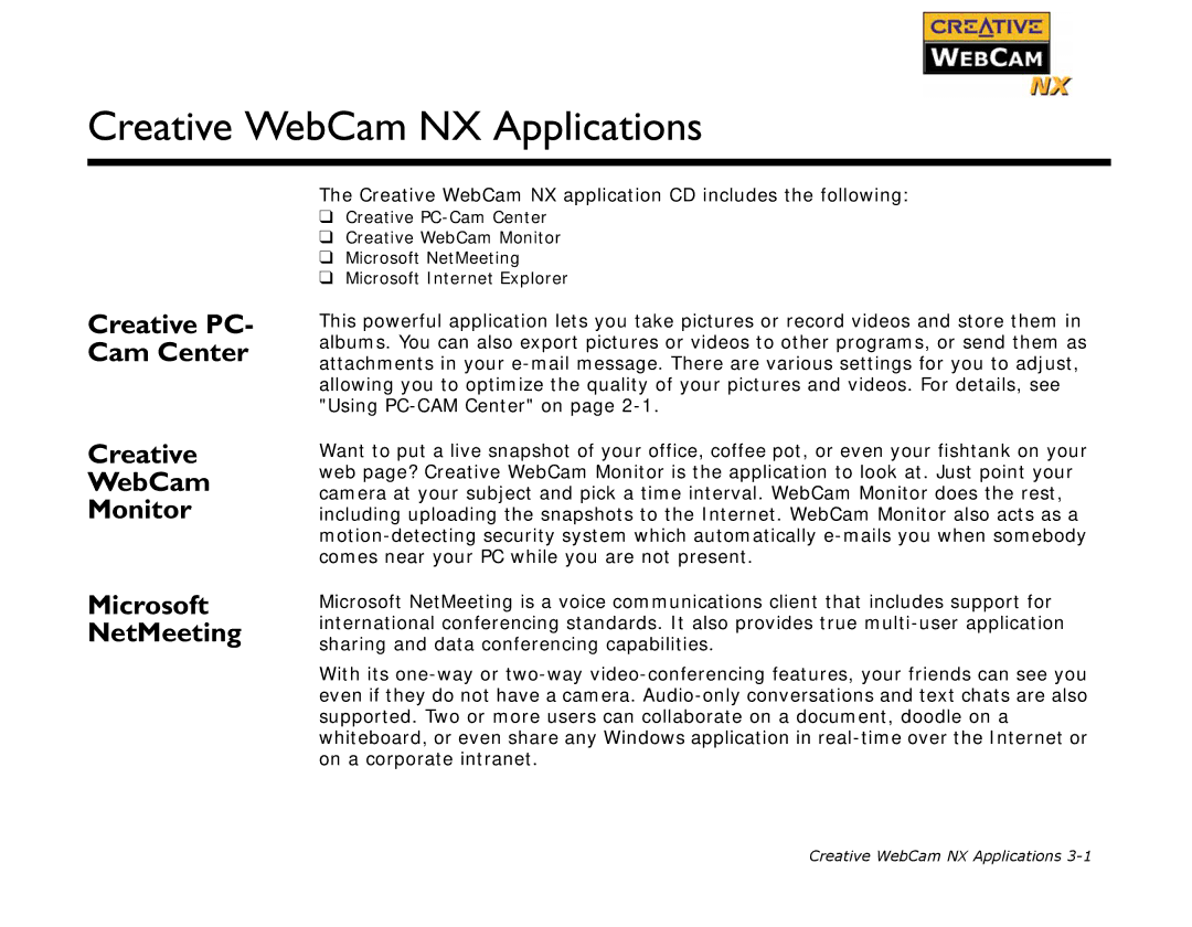 Creative manual Creative WebCam NX Applications, Creative PC- Cam Center WebCam Monitor Microsoft NetMeeting 