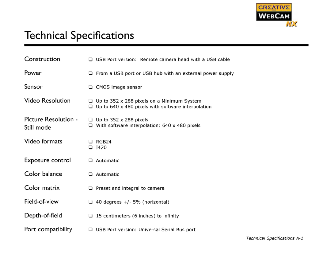 Creative WebCam NX manual Technical Specifications 