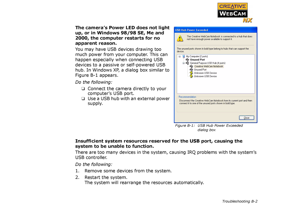 Creative WebCam NX manual Figure B-1 USB Hub Power Exceeded dialog box 