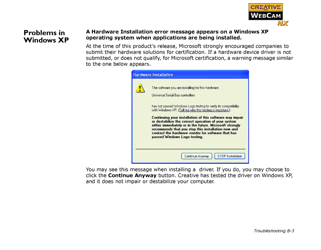 Creative WebCam NX manual Problems in Windows XP 