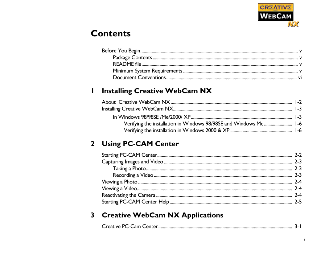 Creative WebCam NX manual Contents 