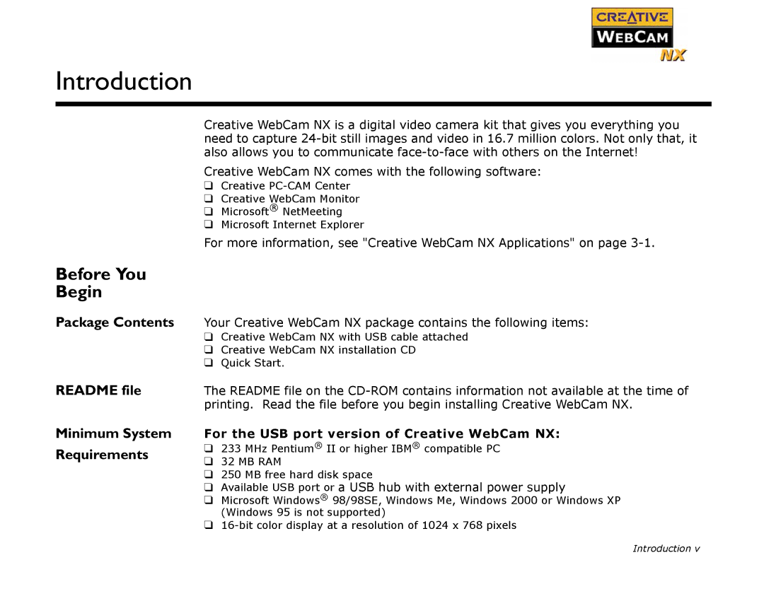 Creative WebCam NX manual Introduction, Before You Begin 