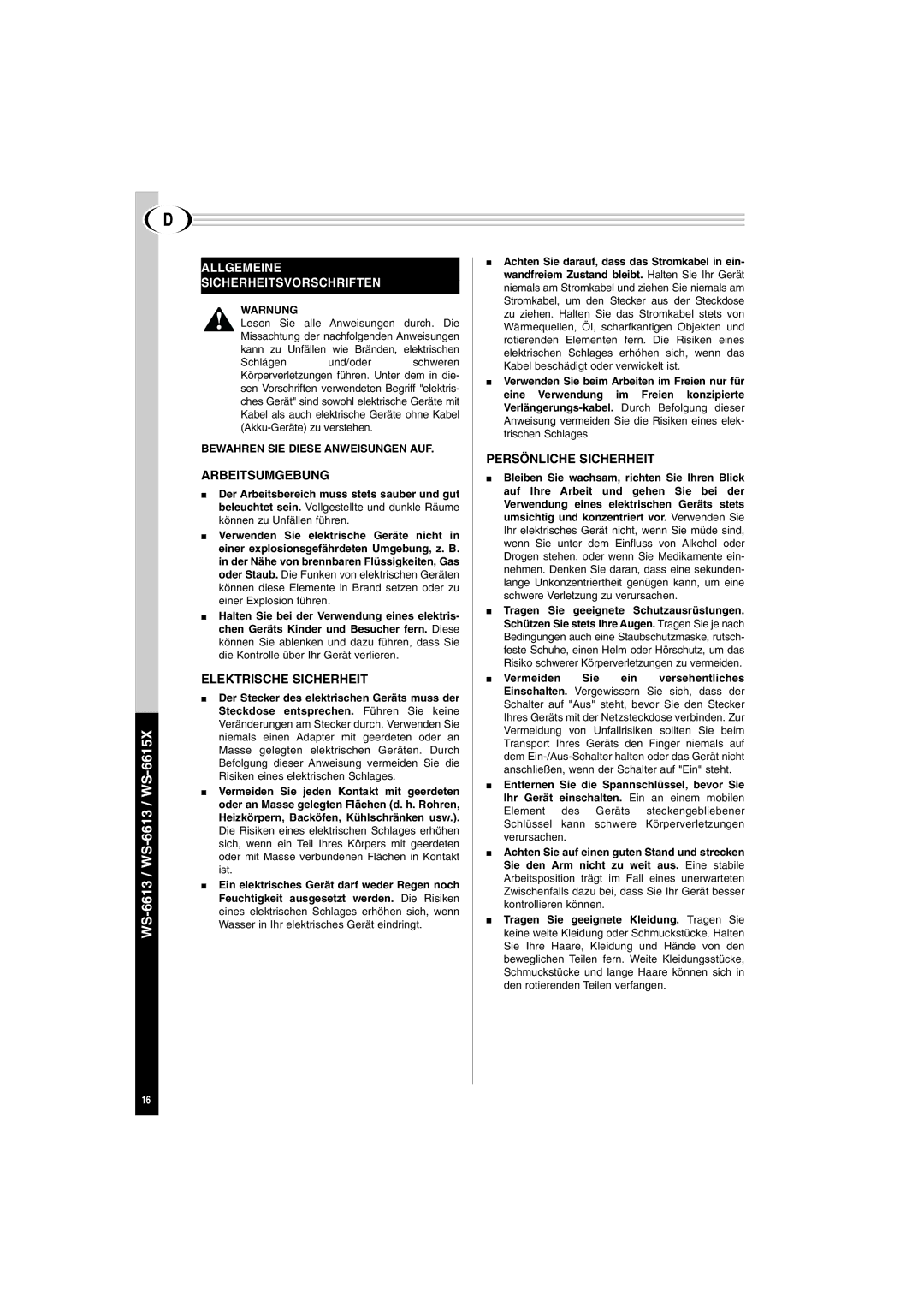 Creative WS-6615X Allgemeine Sicherheitsvorschriften, Arbeitsumgebung, Elektrische Sicherheit, Persönliche Sicherheit 