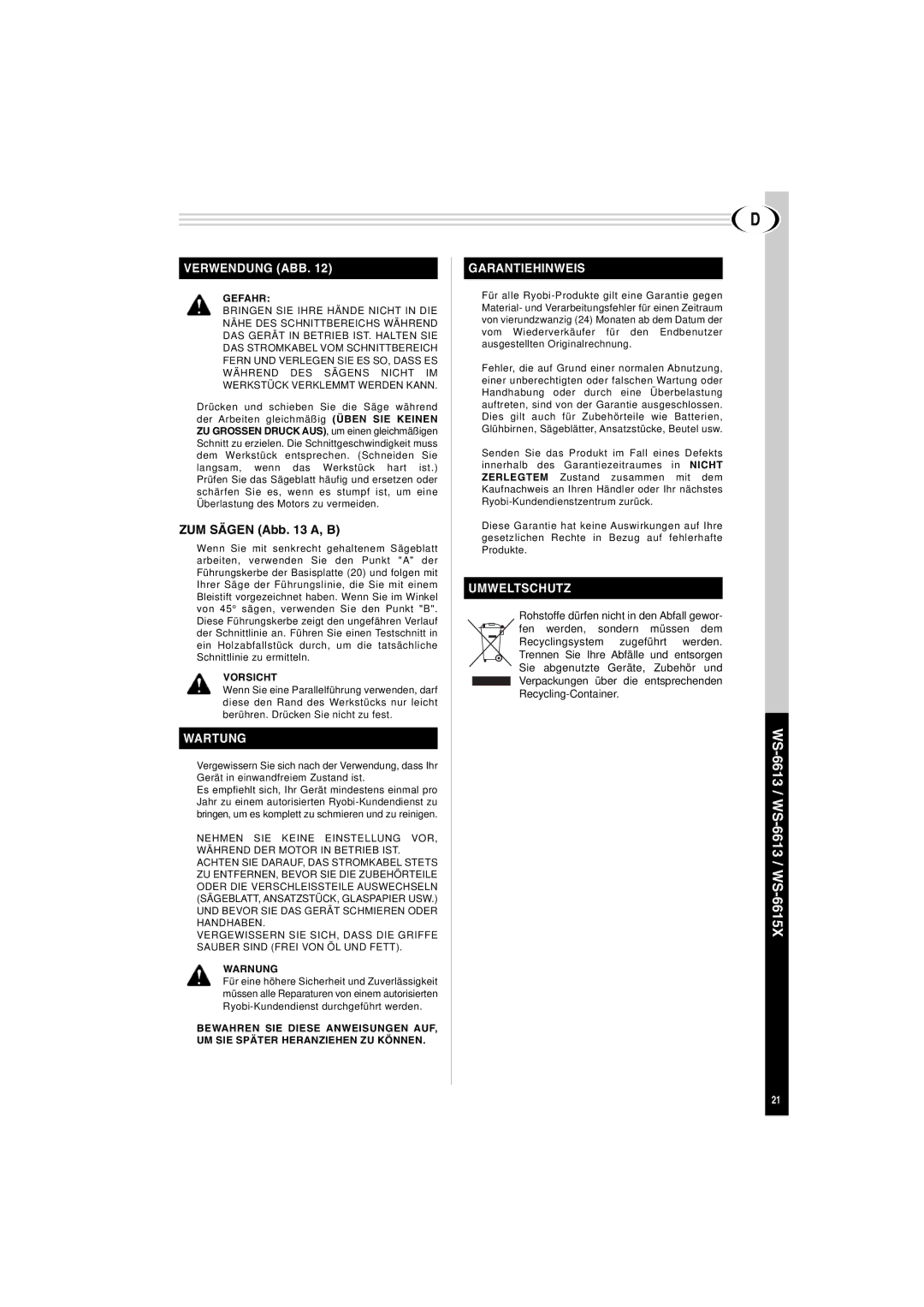 Creative WS-6615X, WS-6613 manuel dutilisation Verwendung ABB, Wartung, Garantiehinweis, Umweltschutz 