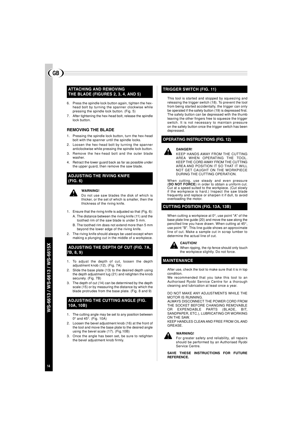 Creative WS-6613 Adjusting the Riving Knife, Adjusting the Depth of CUT a, Adjusting the Cutting Angle FIG, Maintenance 