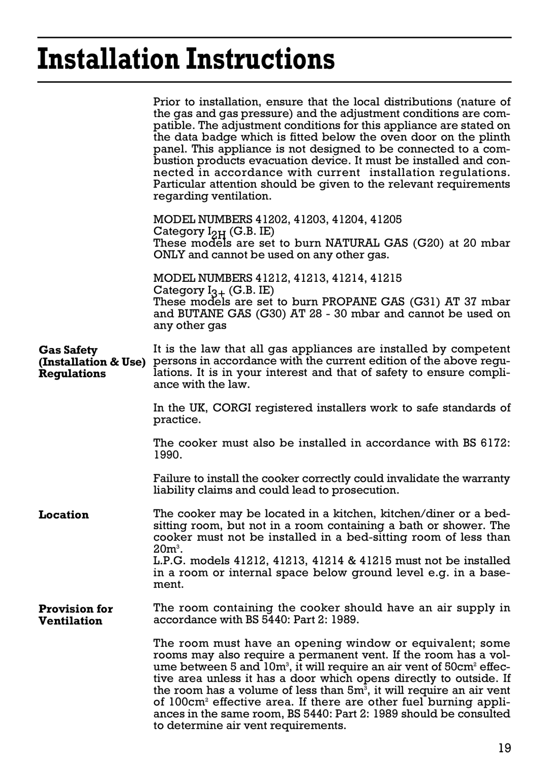 Creda 41202 Installation Instructions, Gas Safety Installation & Use Regulations Location, Provision for Ventilation 