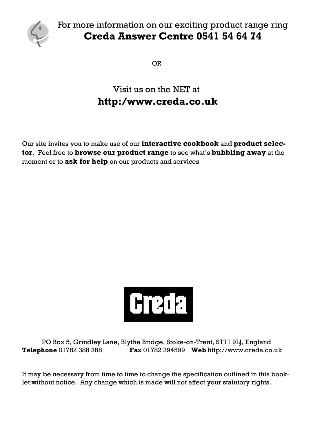 Creda 41202 installation instructions Creda Answer Centre 0541 54 64 