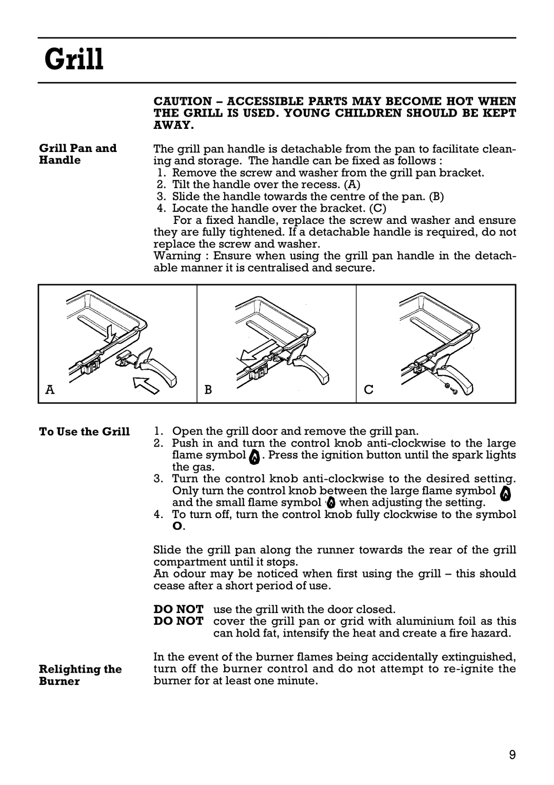 Creda 41202 installation instructions Grill Pan and Handle, To Use the Grill Relighting the Burner 