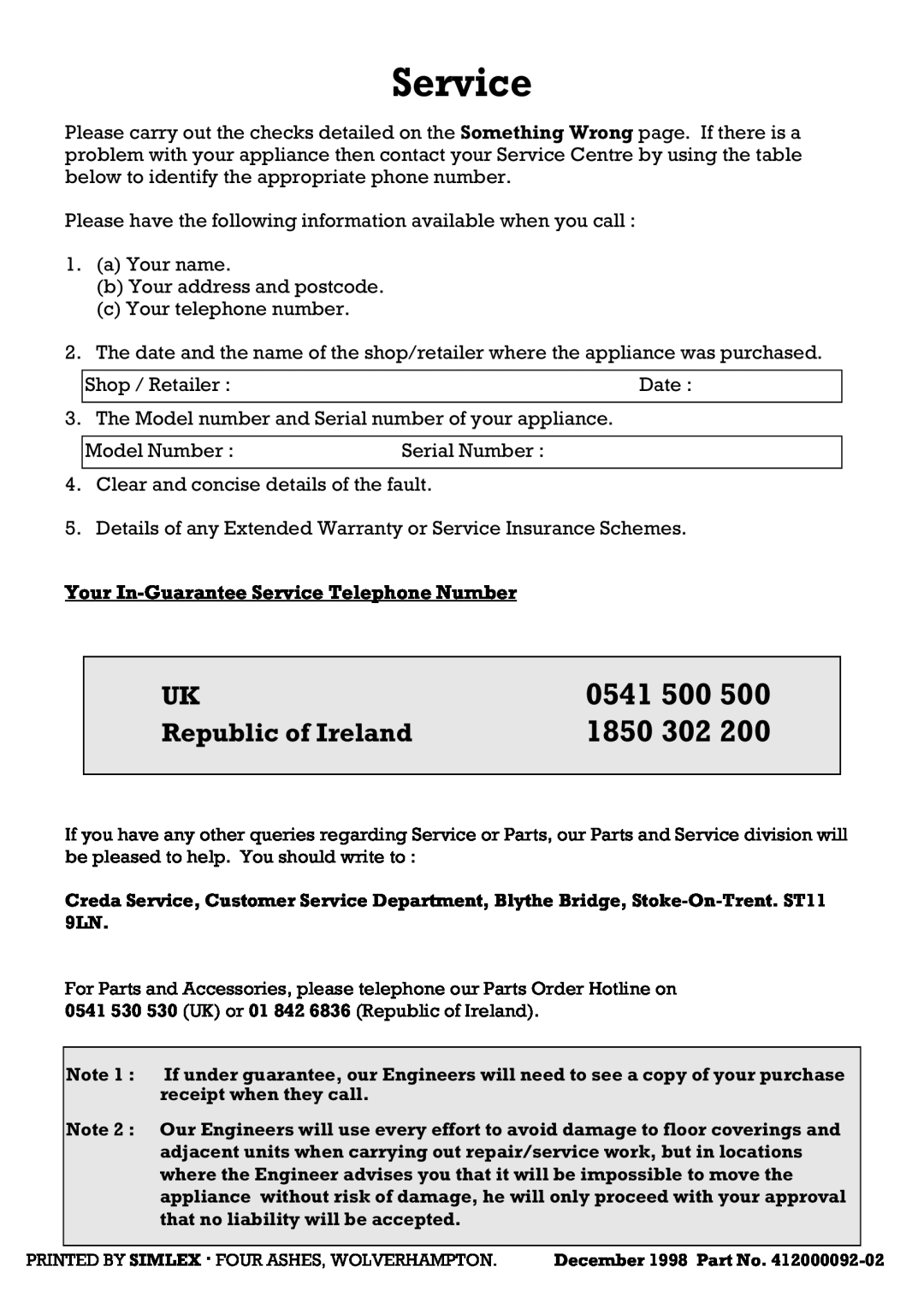 Creda 41202 installation instructions 0541, UK Republic of Ireland, Your In-Guarantee Service Telephone Number 