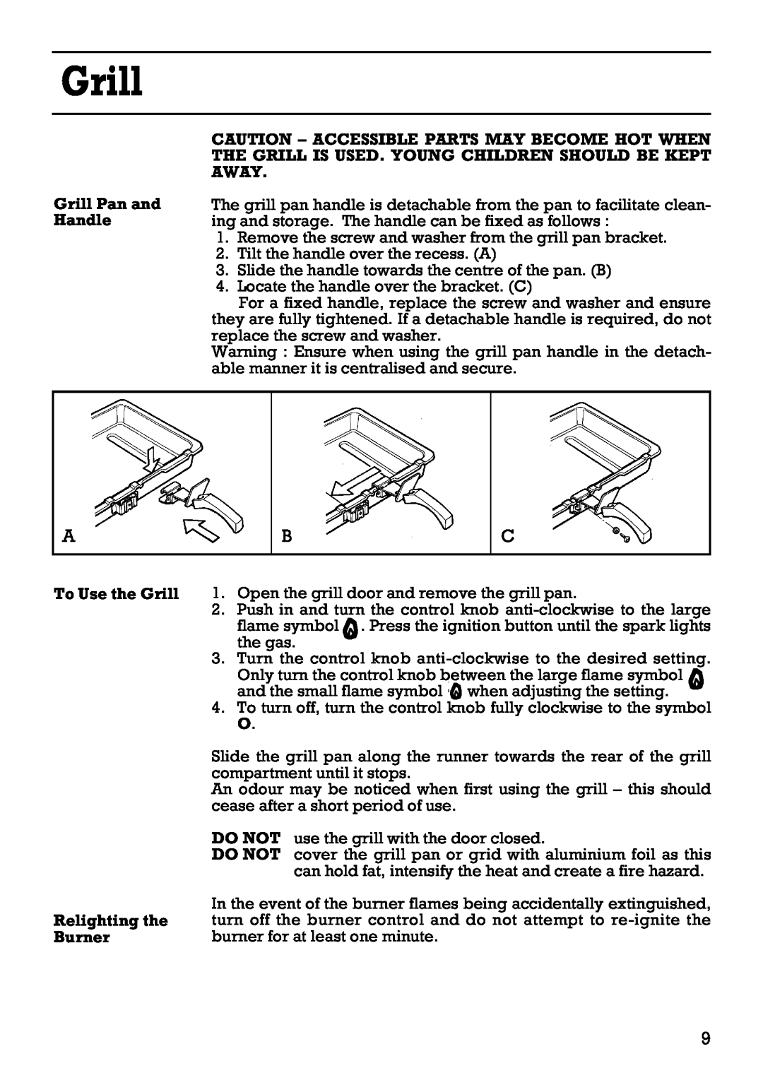 Creda 41202 installation instructions Grill Pan and Handle, To Use the Grill Relighting the Burner 