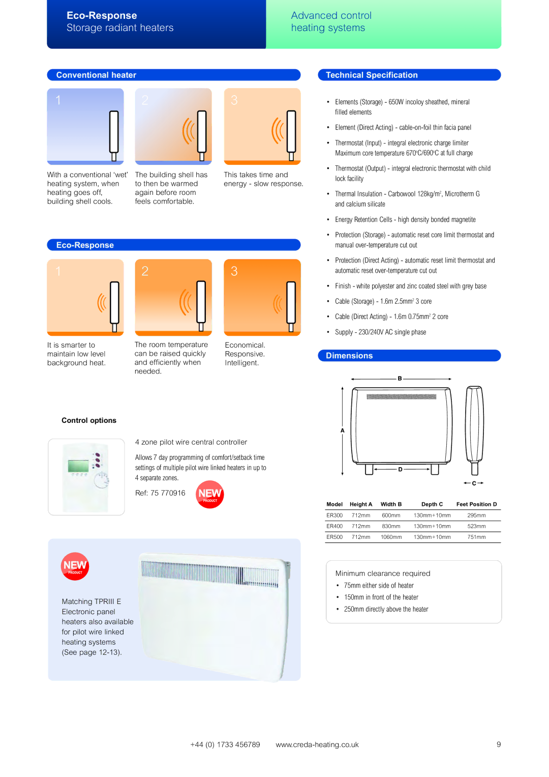 Creda Advanced Control Heating Systems Storage radiant heaters, Conventional heater, Eco-Response, Technical Specification 