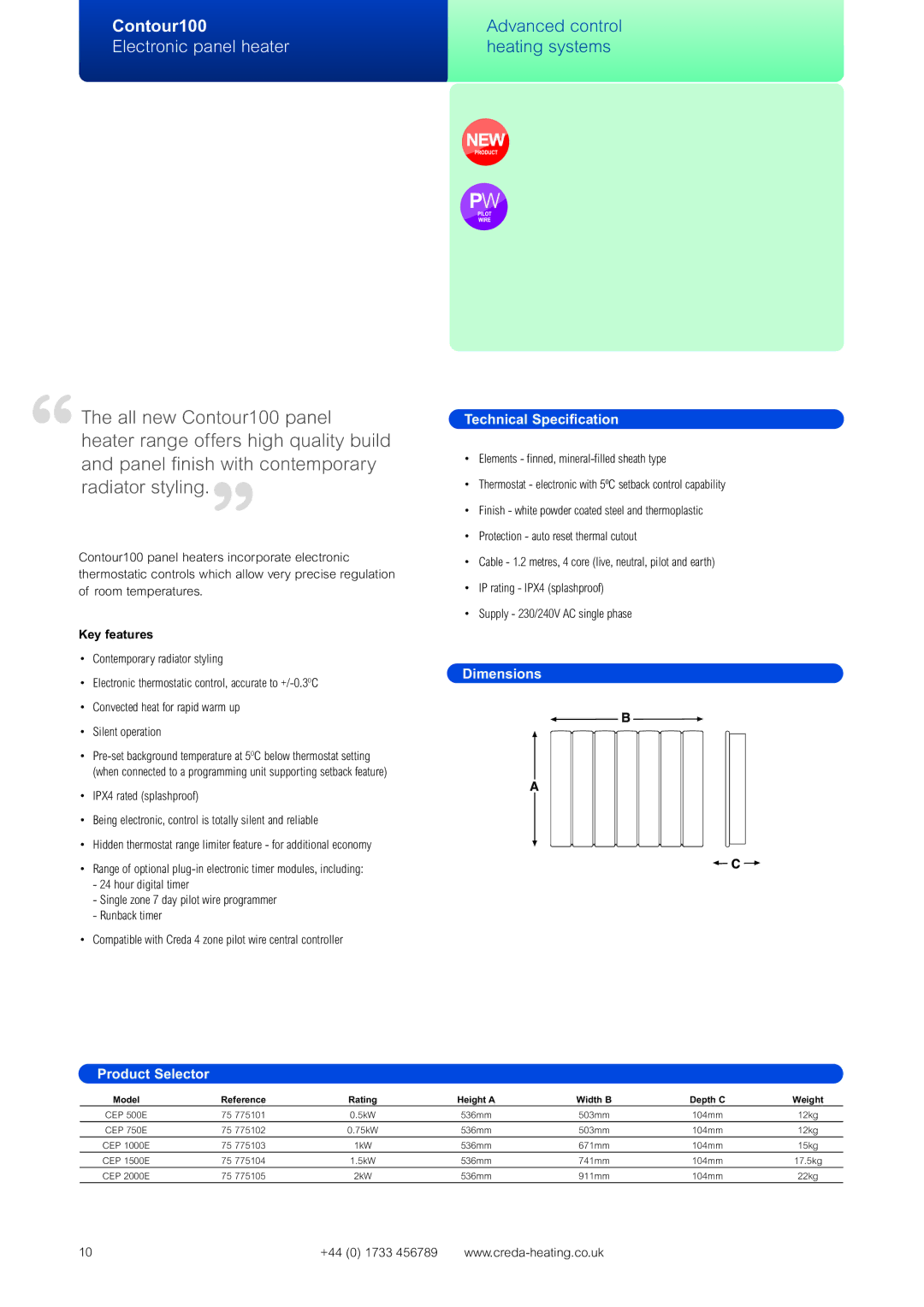 Creda Advanced Control Heating Systems manual Electronic panel heater, Dimensions Product Selector, Model Reference Rating 