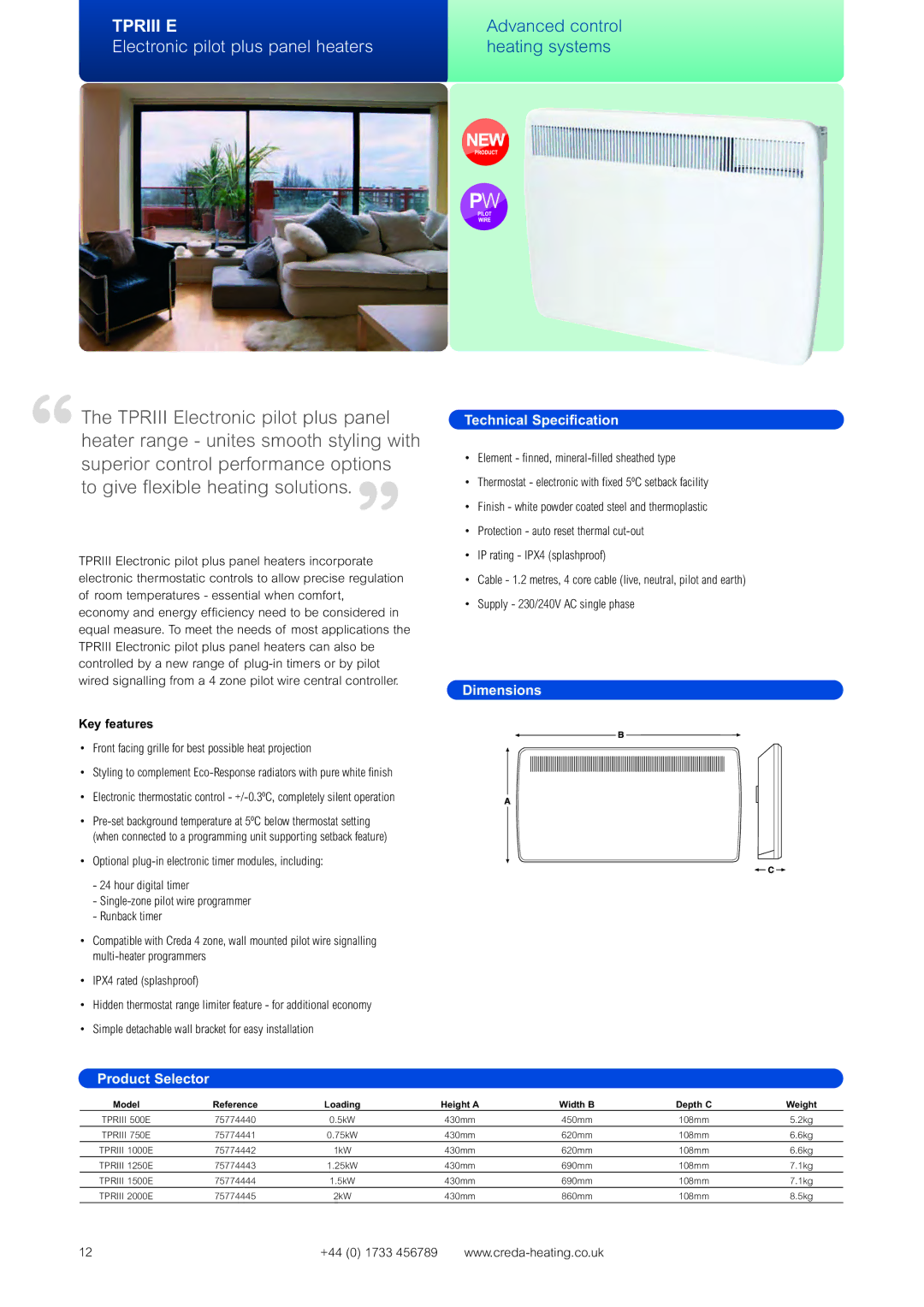 Creda Advanced Control Heating Systems manual Electronic pilot plus panel heaters, Model Reference Loading, Width B 