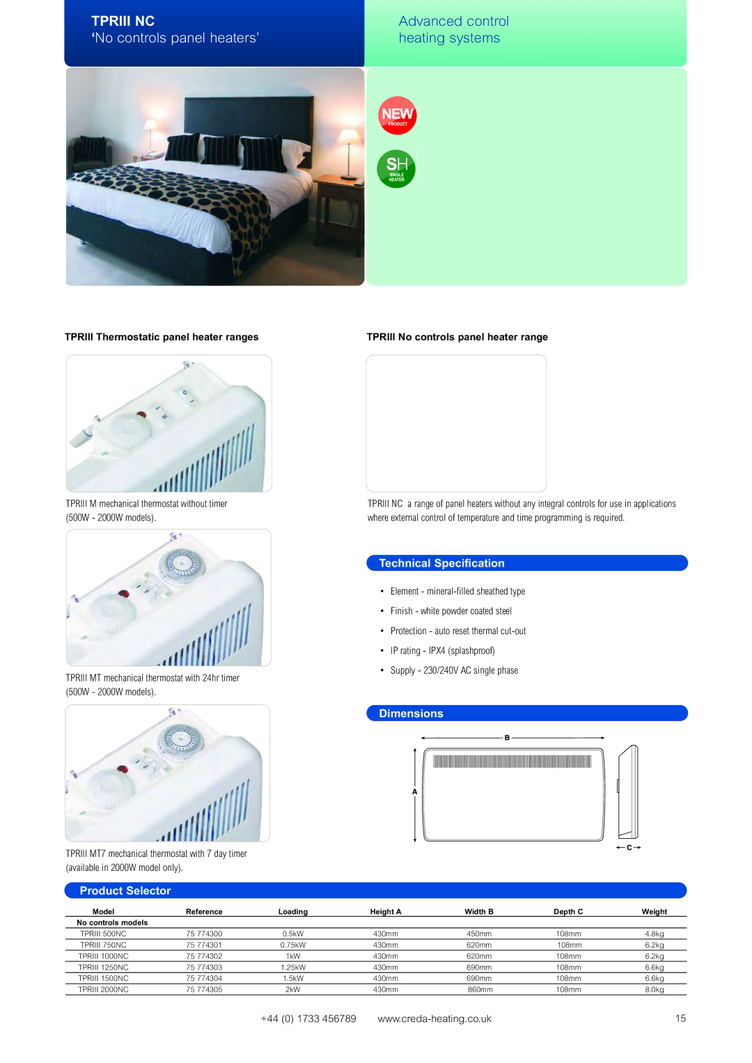 Creda Advanced Control Heating Systems manual Tpriii Thermostatic panel heater ranges, Model Reference Loading Height a 