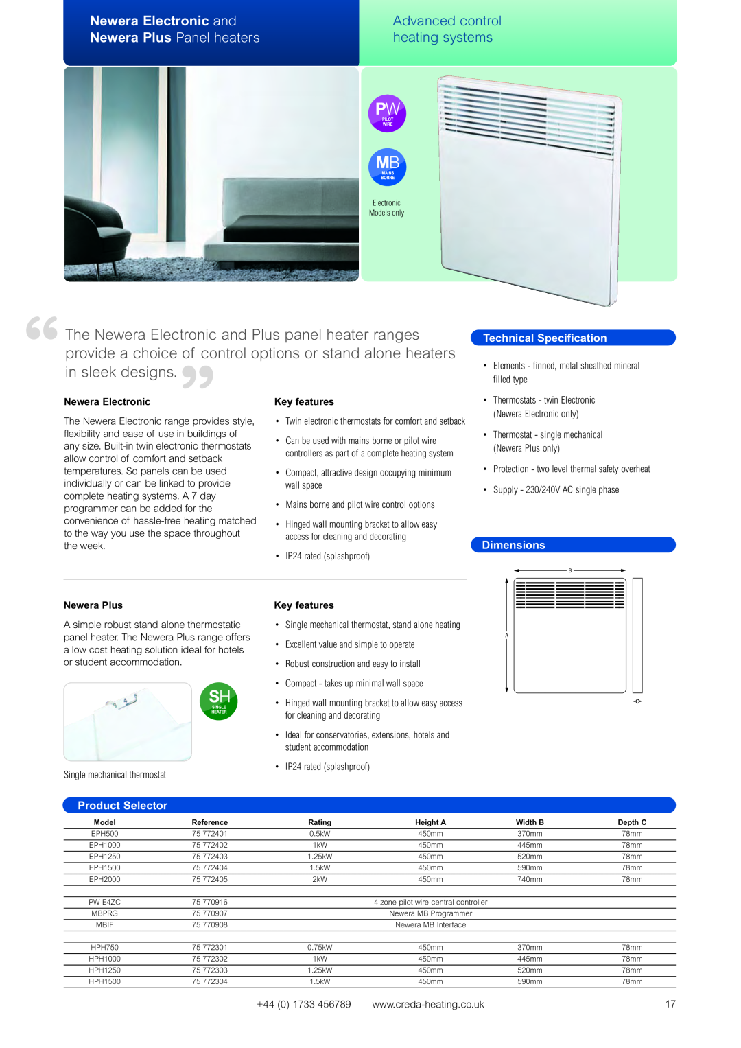 Creda Advanced Control Heating Systems “in sleek designs, Newera Electronic and, Newera Plus Panel heaters, Dimensions 