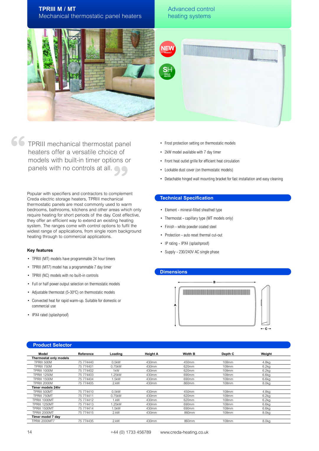 Creda Advanced Control Heating Systems manual Tpriii M / Mt, Mechanical thermostatic panel heaters, Technical Specification 