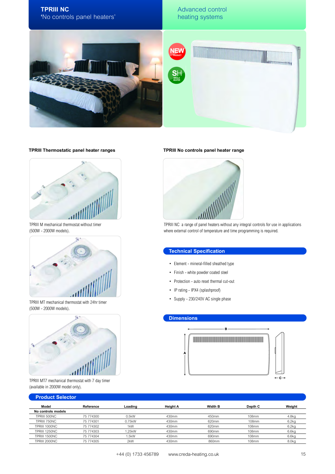 Creda Advanced Control Heating Systems manual Tpriii Nc, Advanced control, ‘No controls panel heaters’, heating systems 