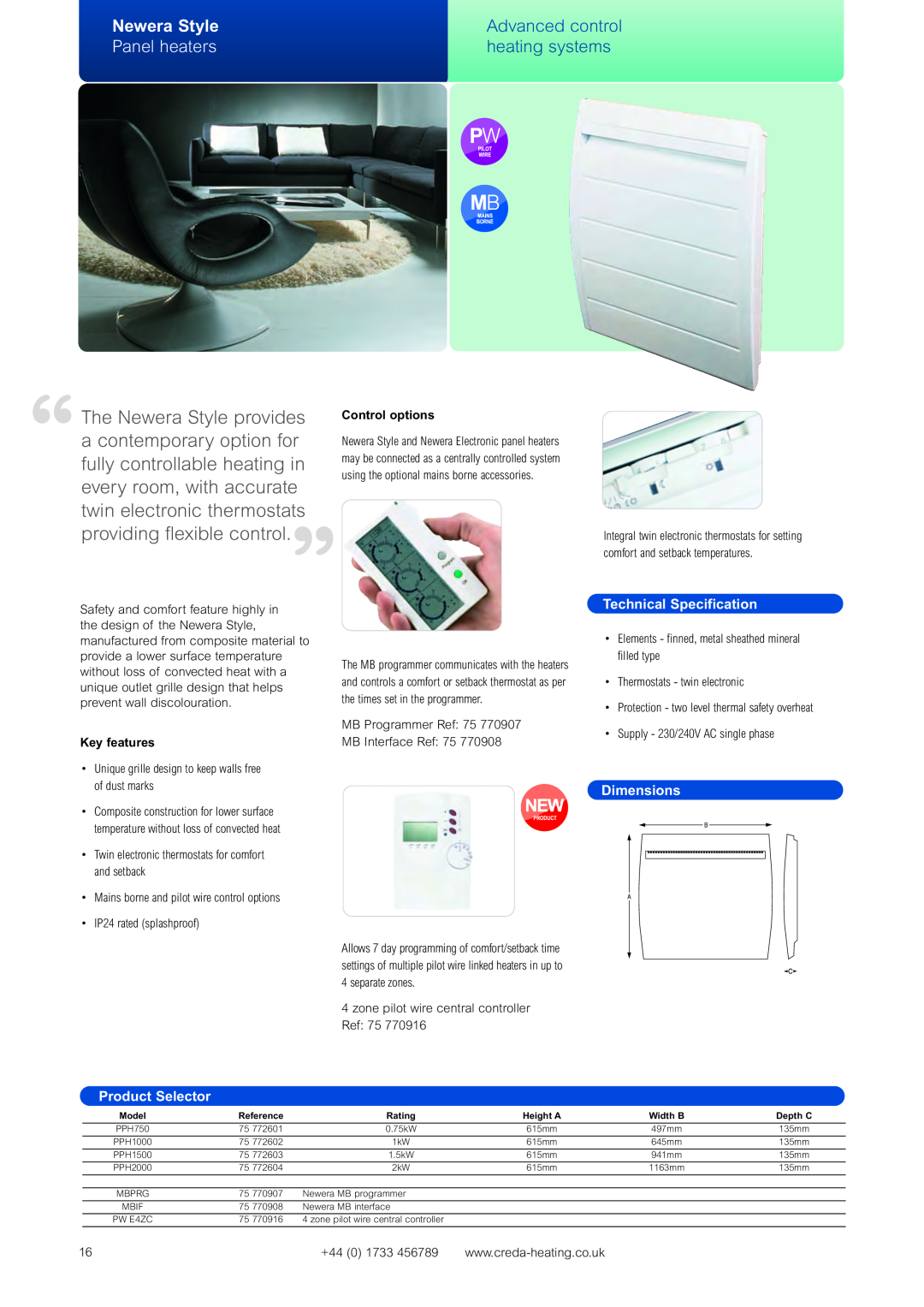 Creda Advanced Control Heating Systems manual Newera Style, Panel heaters, Advanced control, heating systems, Dimensions 