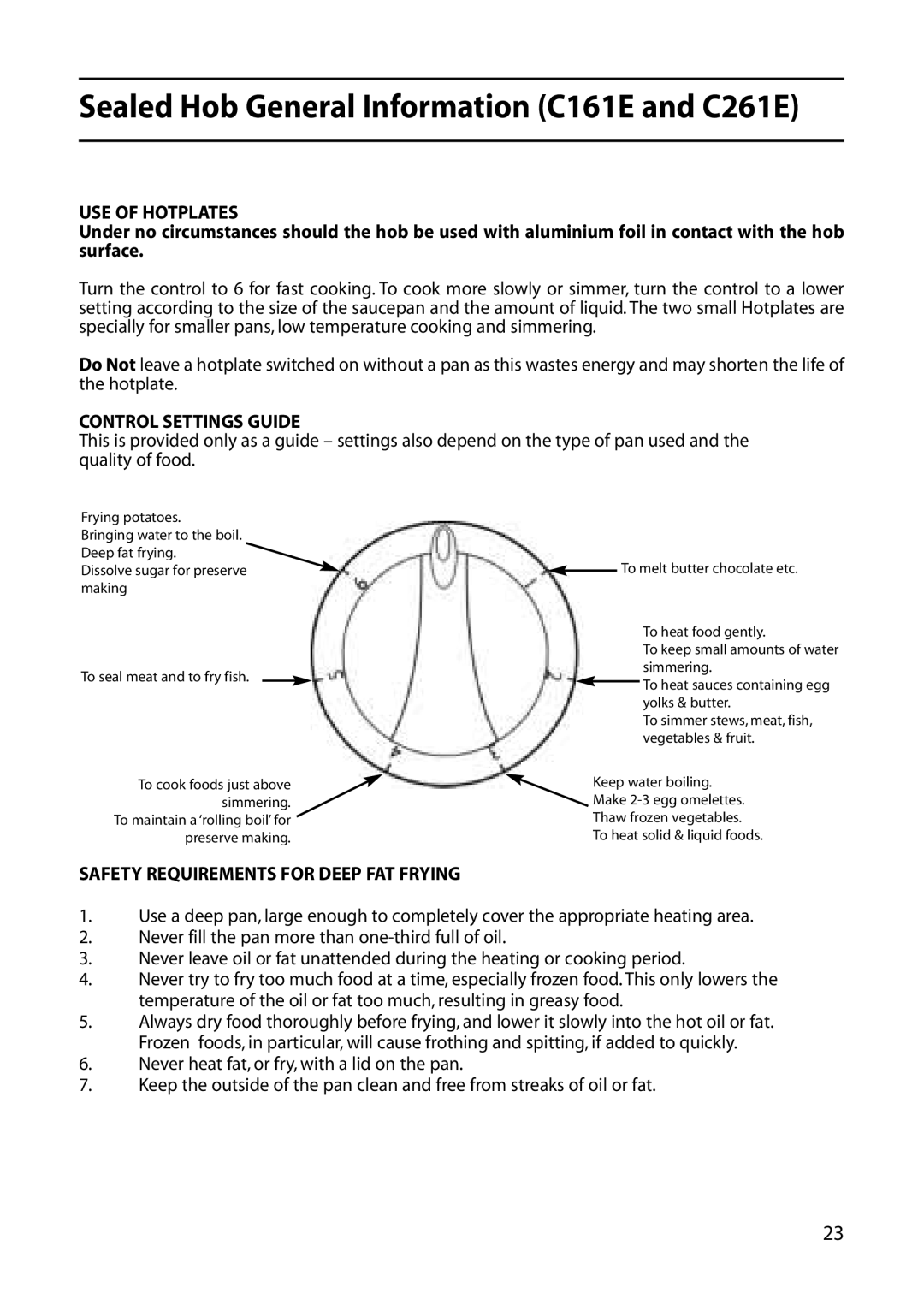 Creda manual Sealed Hob General Information C161E and C261E, USE of Hotplates, Control Settings Guide 