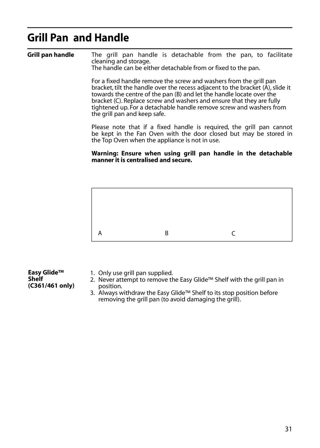 Creda C161E manual Grill Pan and Handle, Easy Glide Shelf C361/461 only 