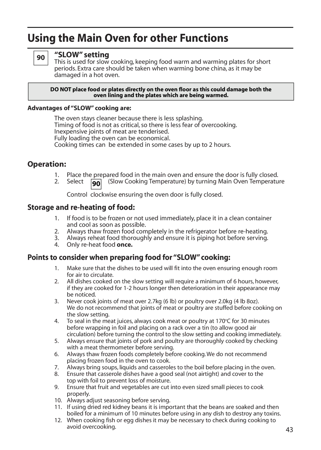 Creda C161E manual Using the Main Oven for other Functions, Slow setting, Operation, Storage and re-heating of food 