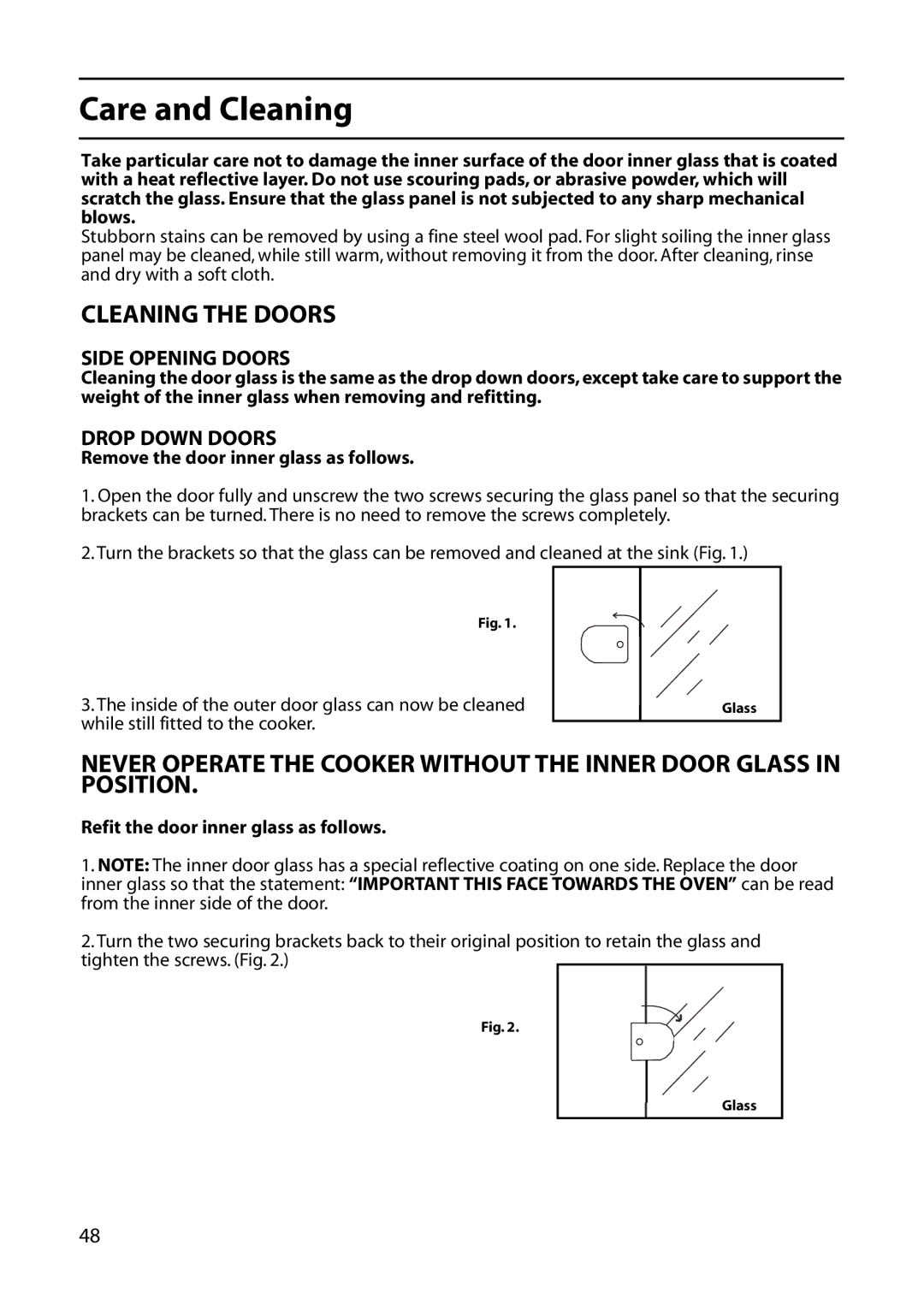 Creda C161E manual Remove the door inner glass as follows, Refit the door inner glass as follows 