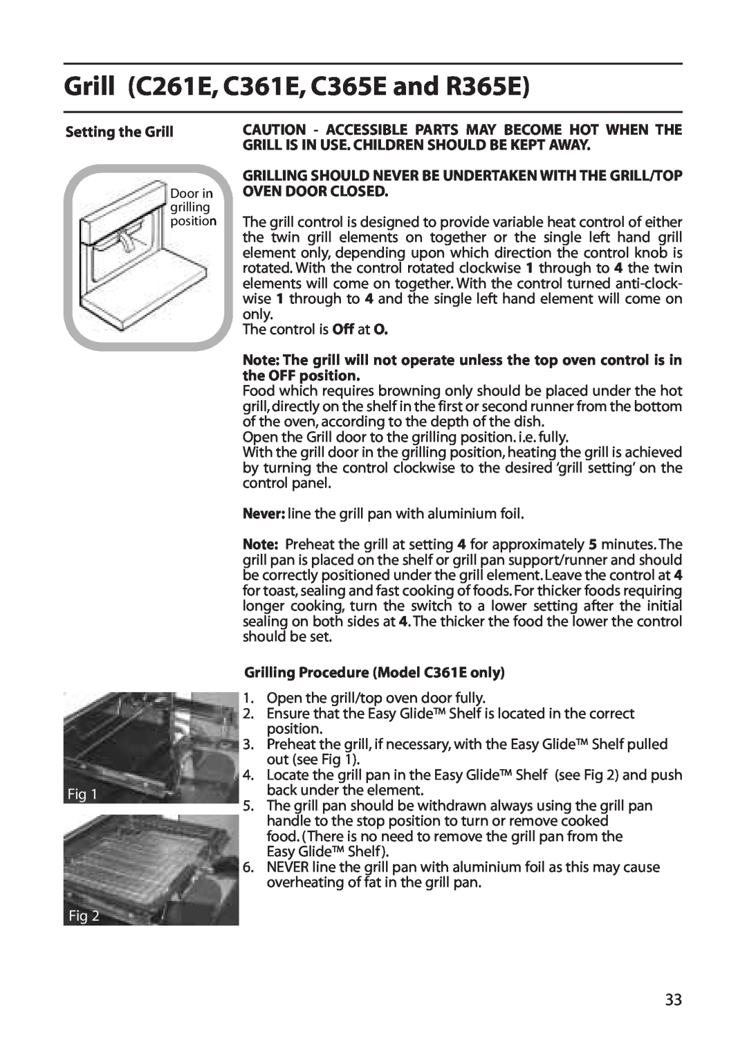 Creda C161E manual Grill C261E, C361E, C365E and R365E, Setting the Grill, Grilling Procedure Model C361E only 