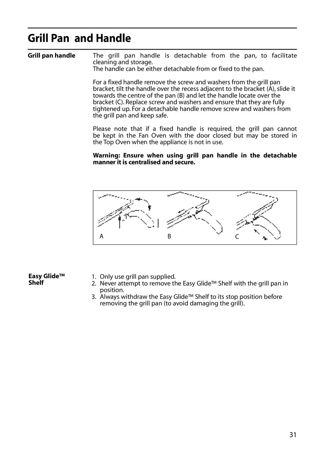 Creda C361E, C461E, C261E, R365E, C365E manual Grill Pan and Handle, Easy Glide Shelf 