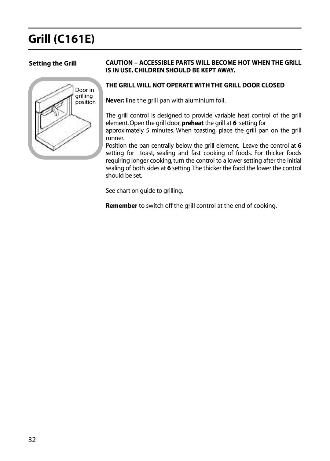 Creda C261E, C461E, C361E, R365E, C365E Grill C161E, Setting the Grill, Grill will not Operate with the Grill Door Closed 