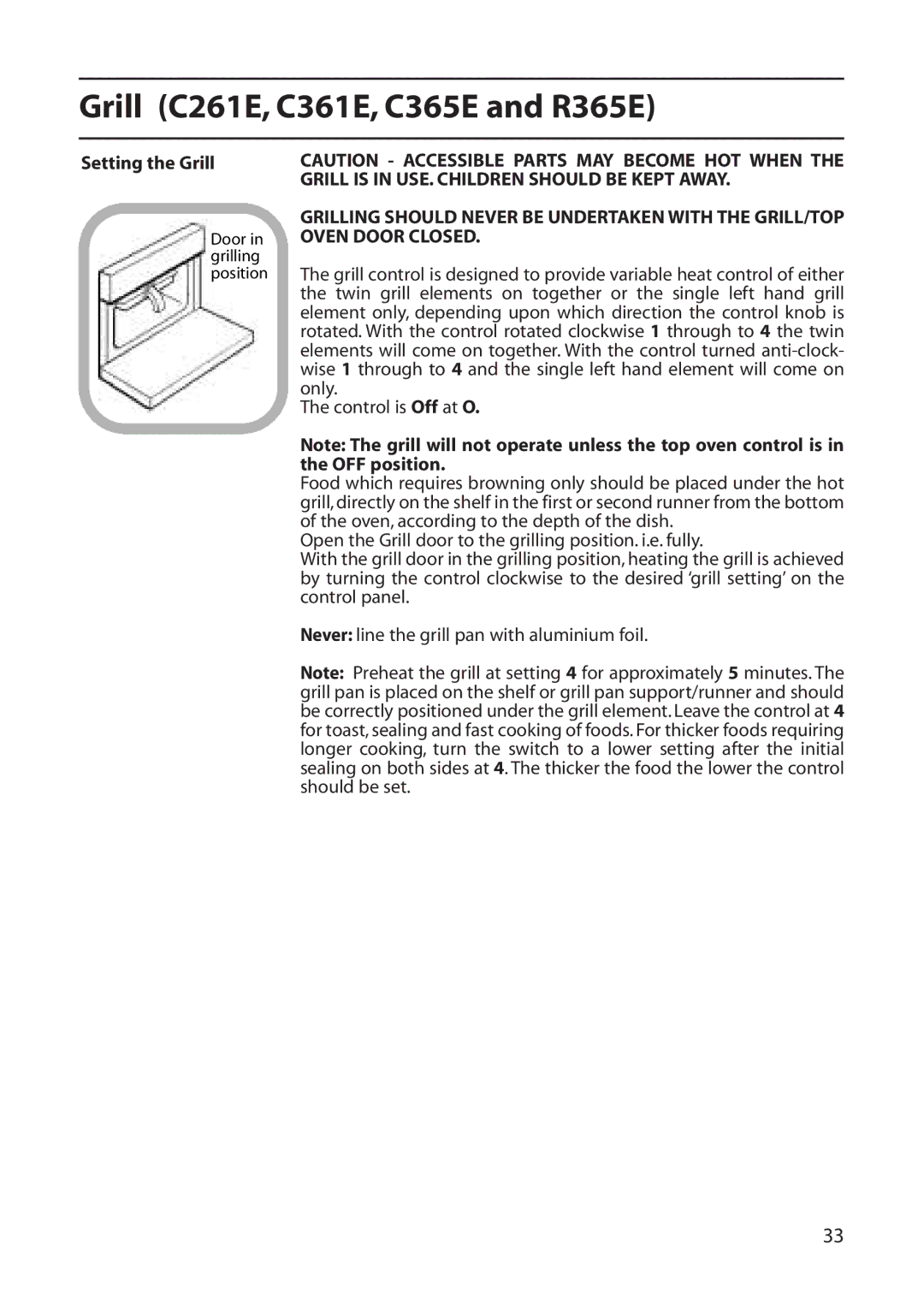 Creda C461E manual Grill C261E, C361E, C365E and R365E 