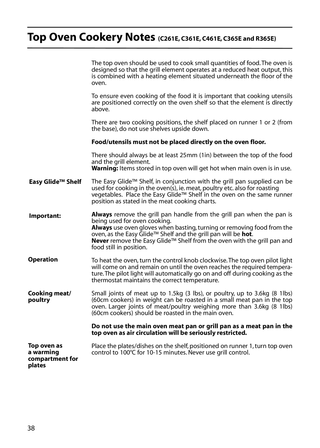 Creda R365E, C461E, C361E, C261E, C365E manual Food/utensils must not be placed directly on the oven floor 