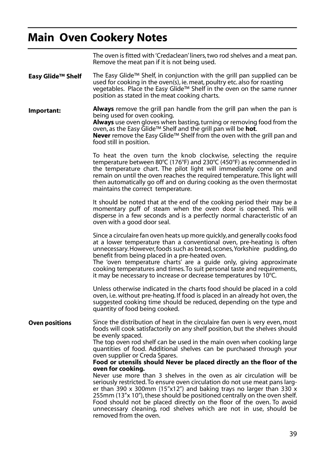 Creda C365E, C461E, C361E, C261E, R365E manual Main Oven Cookery Notes, Easy Glide Shelf Oven positions 