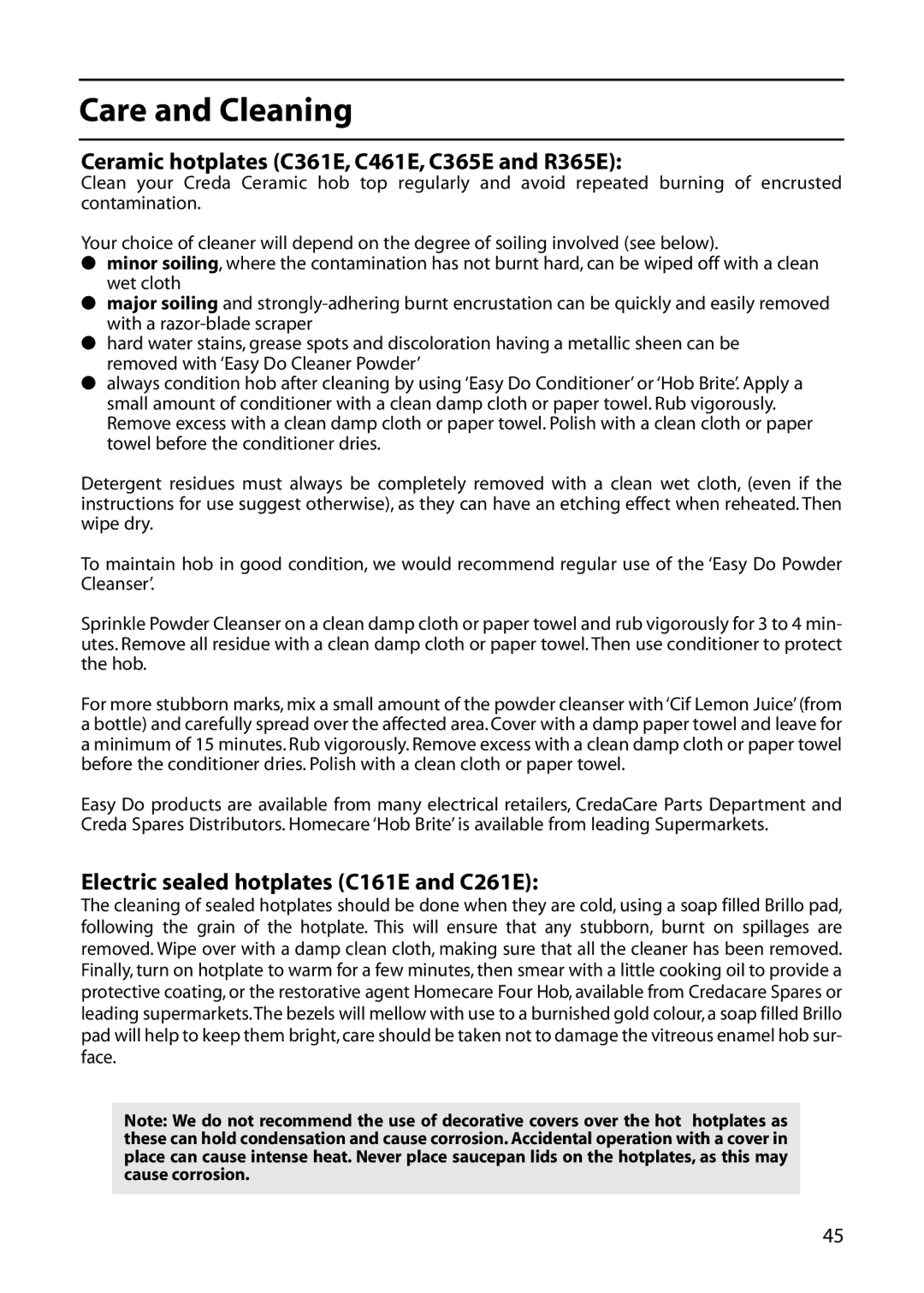 Creda manual Ceramic hotplates C361E, C461E, C365E and R365E, Electric sealed hotplates C161E and C261E 