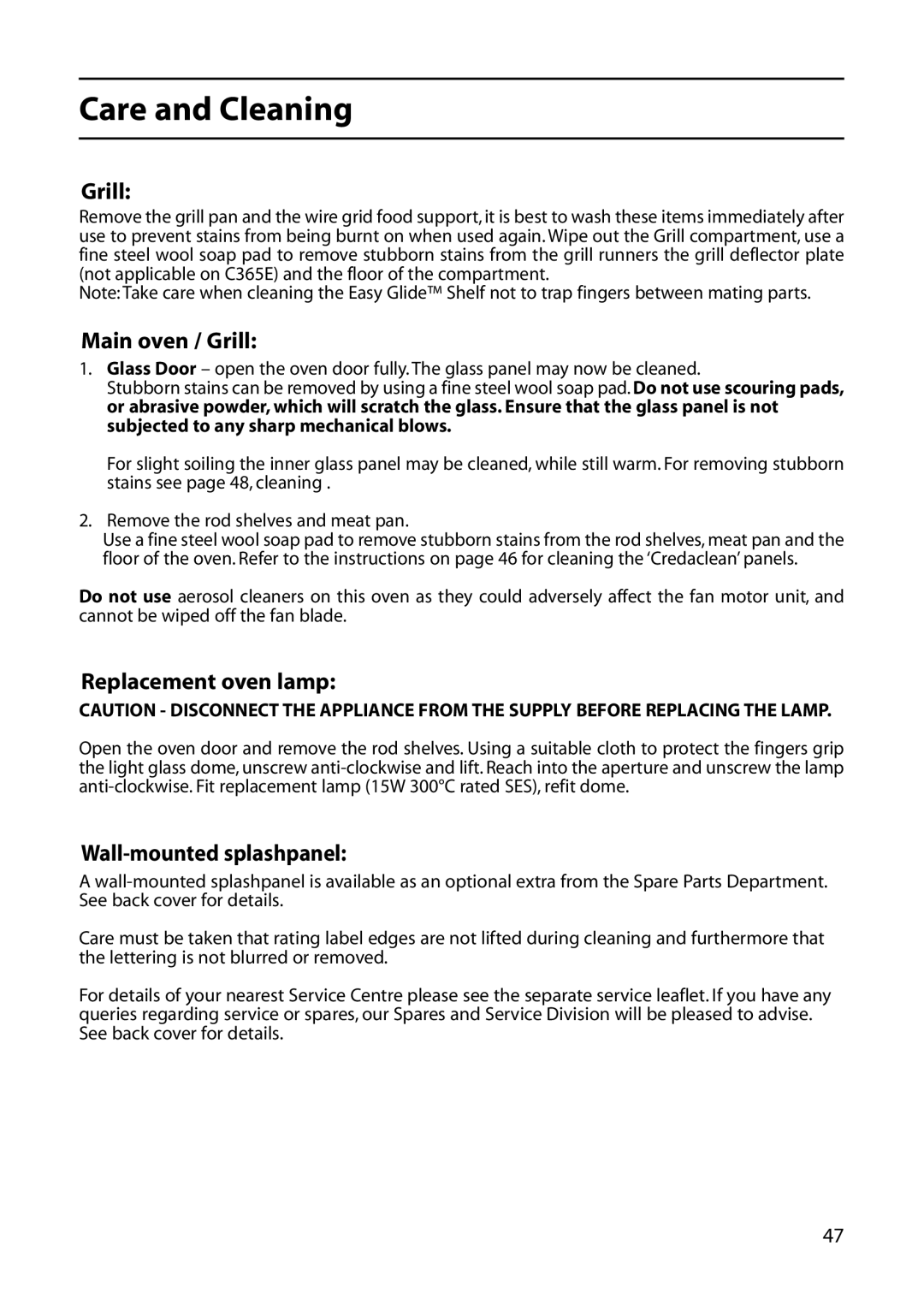 Creda C261E, C461E, C361E, R365E, C365E manual Main oven / Grill, Replacement oven lamp, Wall-mounted splashpanel 