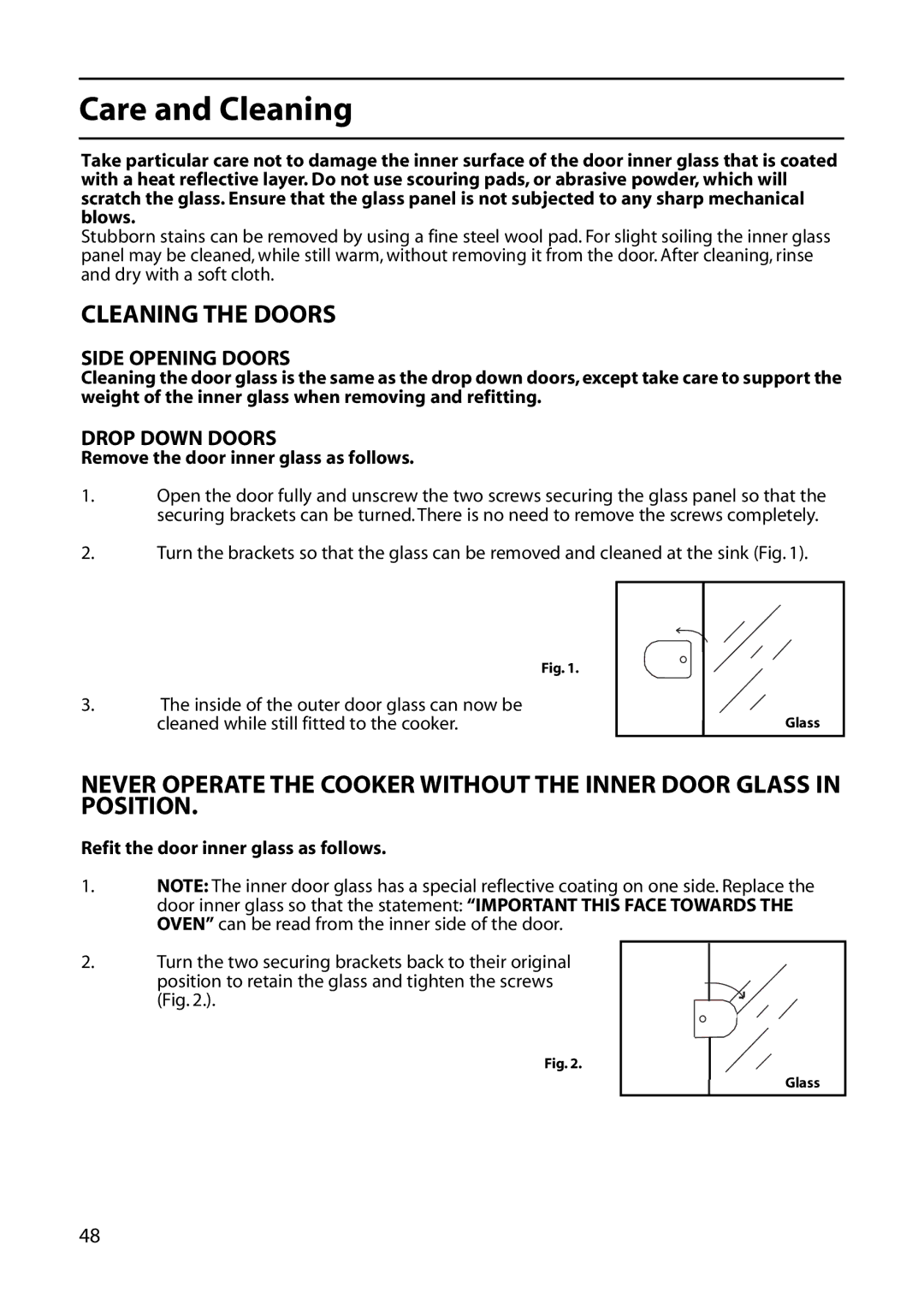 Creda R365E, C461E, C361E, C261E, C365E manual Remove the door inner glass as follows, Refit the door inner glass as follows 